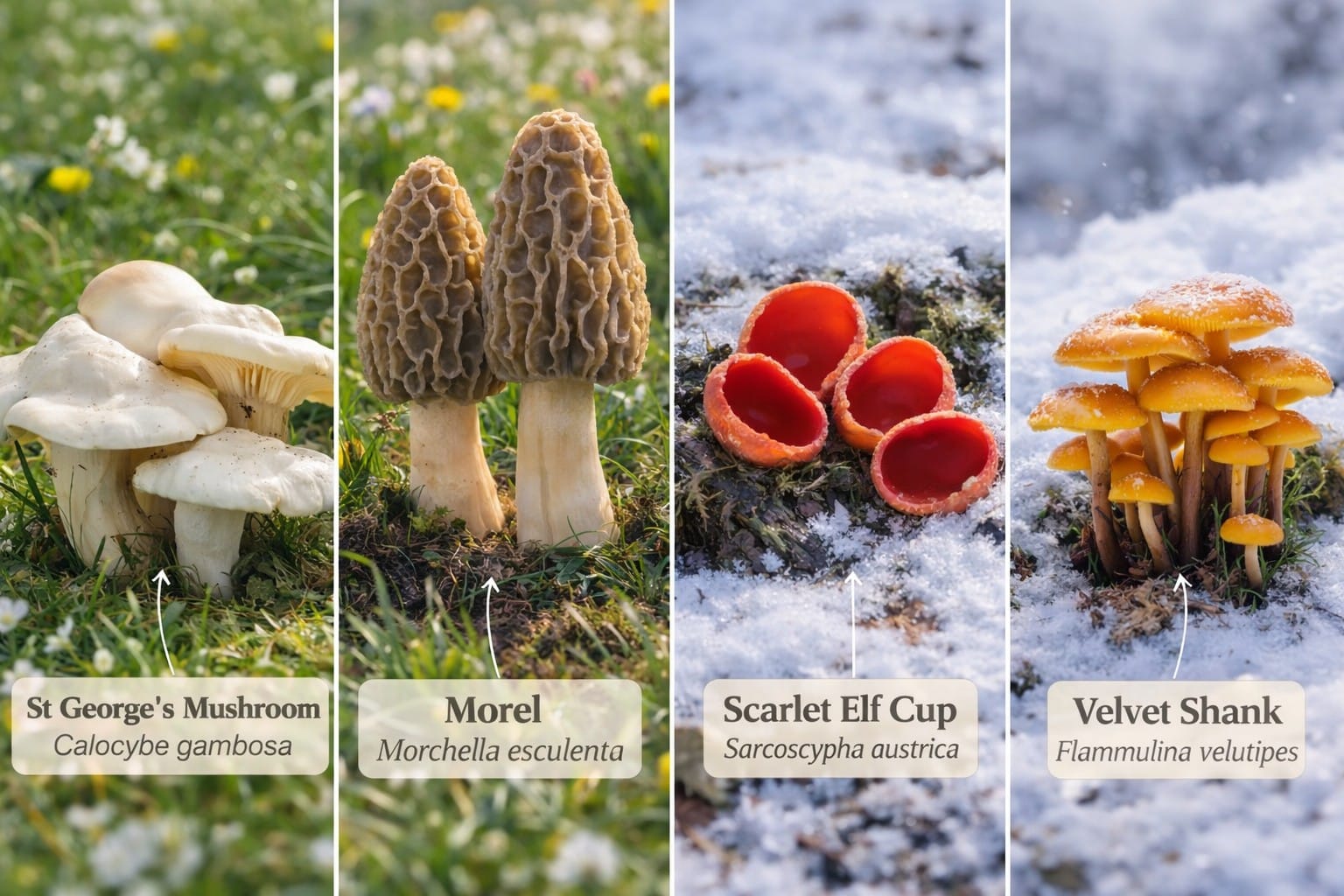 Four-panel seasonal fungi image showing St George’s mushroom and morel in spring grass and woodland, alongside scarlet elf cup and velvet shank growing in winter frost and snow.